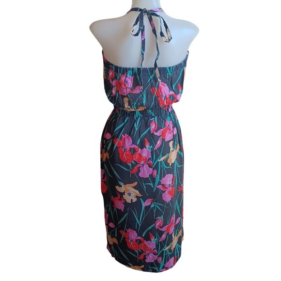 Medium Vintage 70's Sears Floral Halter Dress Elastic Waist Tie Back Flowers - Picture 3 of 9